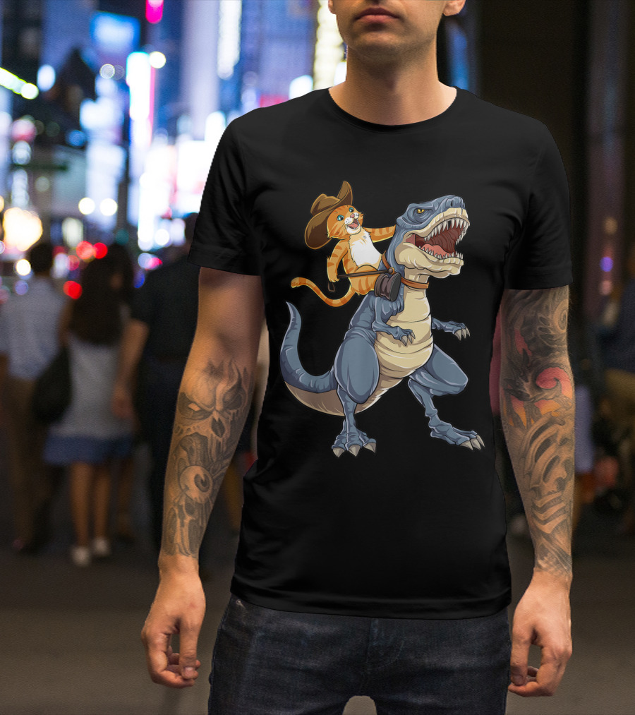 Cowboy Cat Riding Dinosaur Rex Purrassic Kitty Dino Adventure T-Shirt