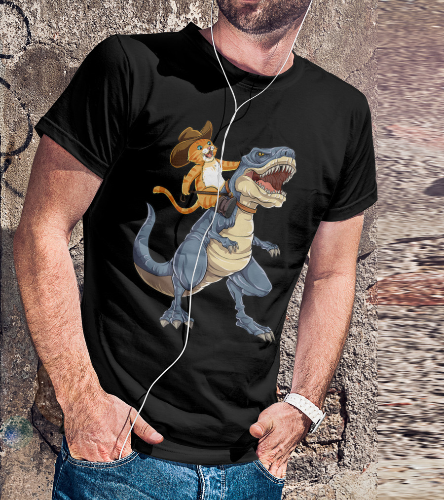 Cowboy Cat Riding Dinosaur Rex Purrassic Kitty Dino Adventure T-Shirt