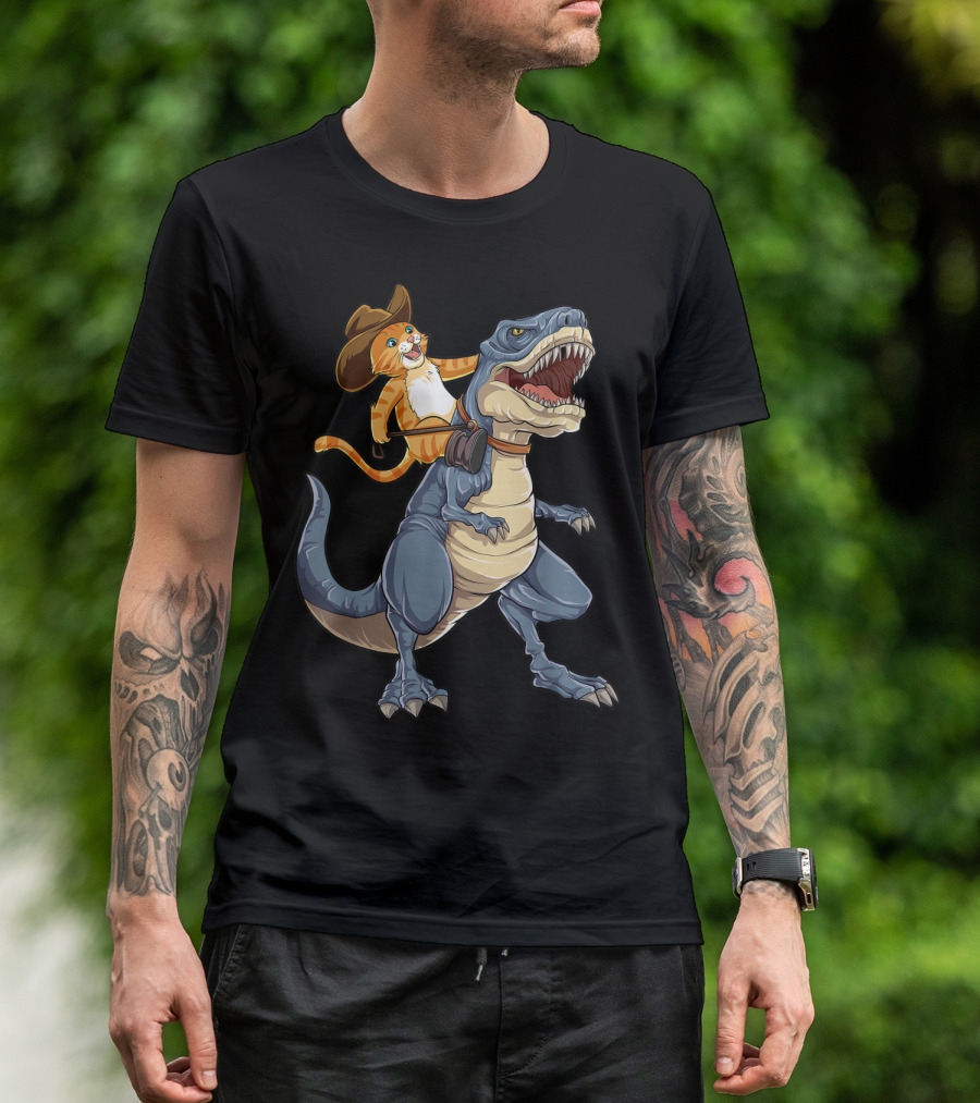 Cowboy Cat Riding Dinosaur Rex Purrassic Kitty Dino Adventure T-Shirt