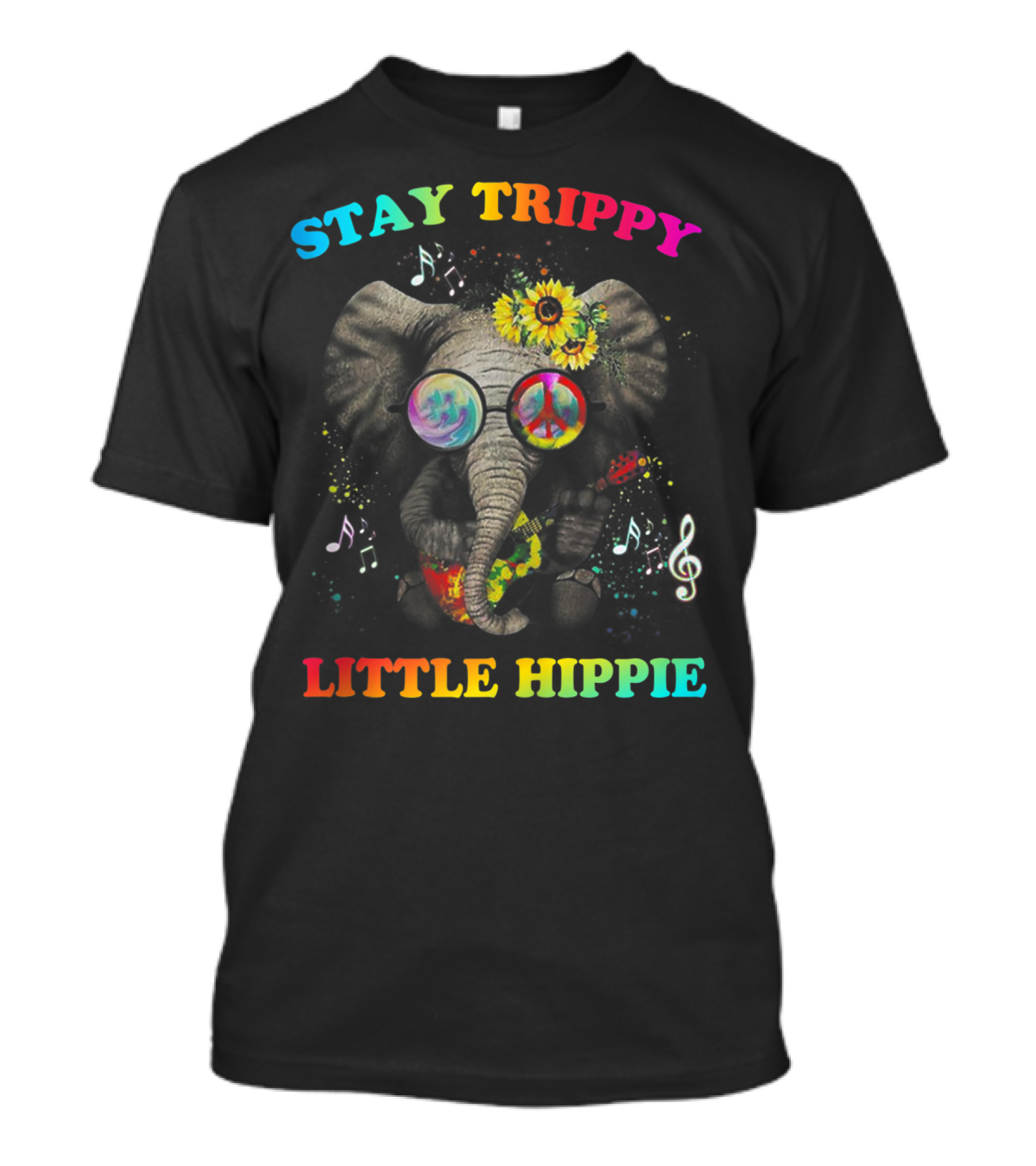 Stay Trippy Little Hippie Elephant Psychedelic Peace Notes T-Shirt