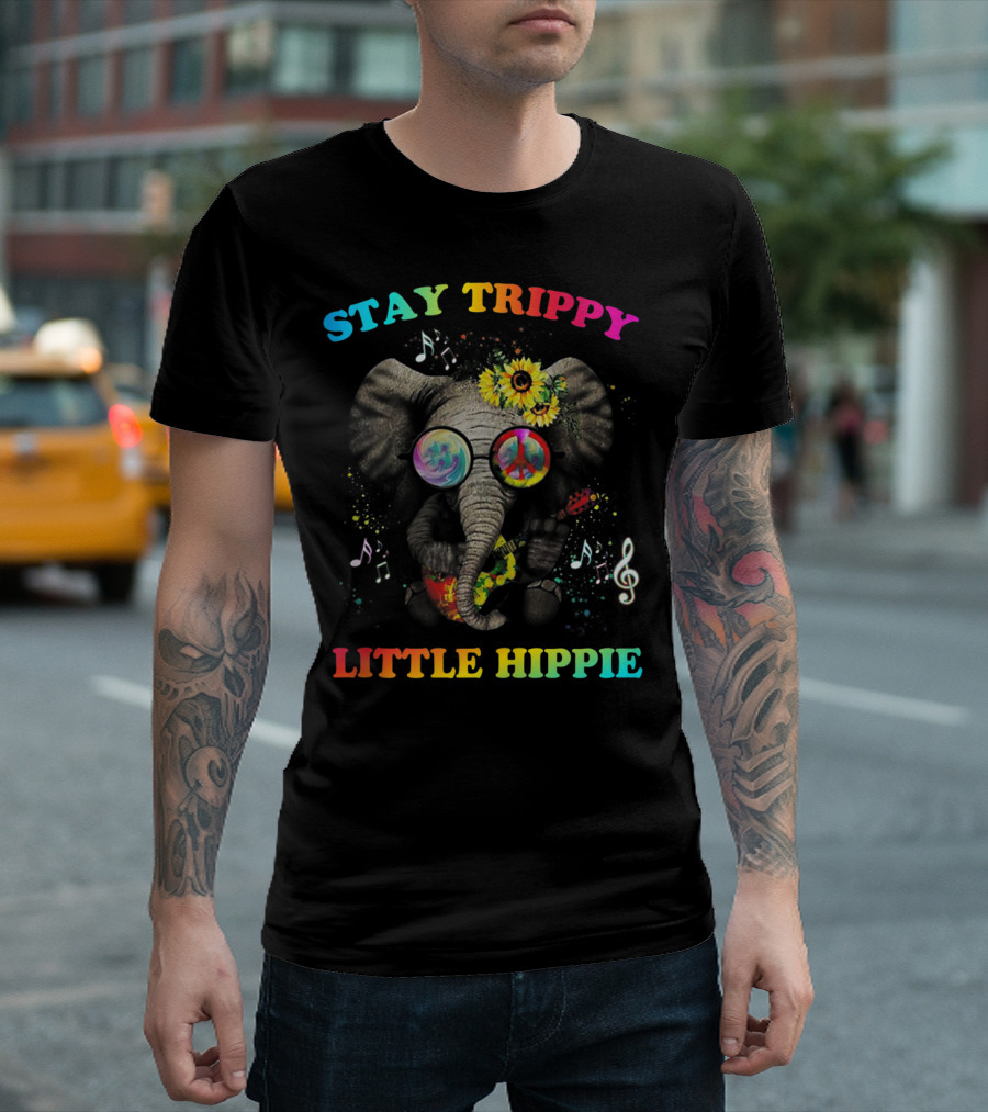 Stay Trippy Little Hippie Elephant Psychedelic Peace Notes T-Shirt