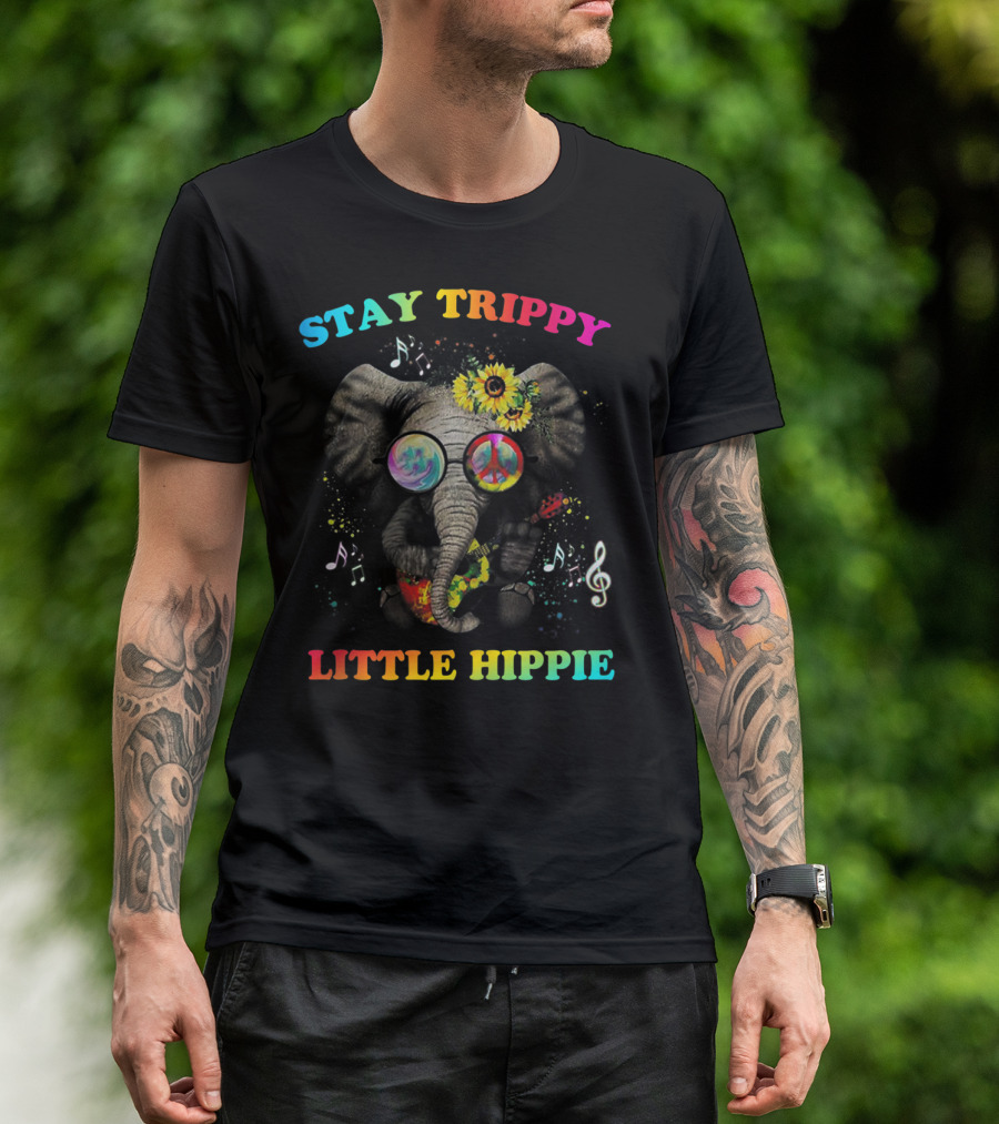 Stay Trippy Little Hippie Elephant Psychedelic Peace Notes T-Shirt