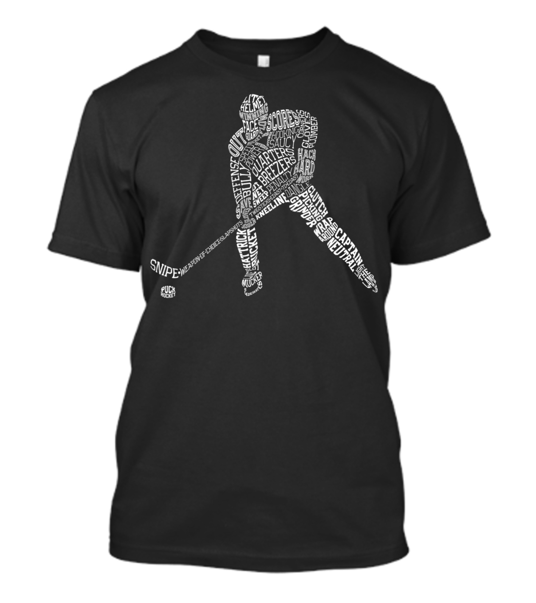 Hockey Player Silhouette Formed By Typography Of Hockey Terms And Phrases T-Shirt