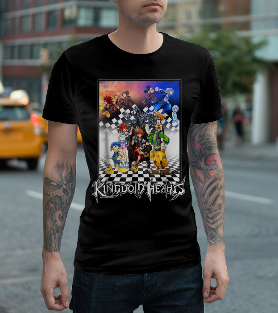 Kingdom Hearts Throne Sora Goofy Donald Mickey Disney Characters Checkerboard T-Shirt