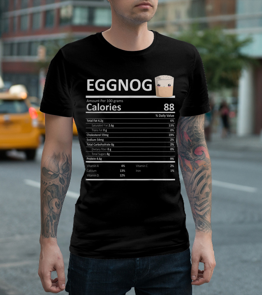 Eggnog Calories Nutritional Facts Chart with Cute Holiday Drink Character for Thanksgiving Xmas T-Shirt