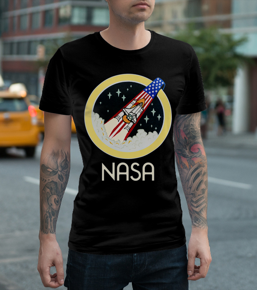 NASA Space Shuttle Launch Logo with Stars and United States Flag Elements T-Shirt