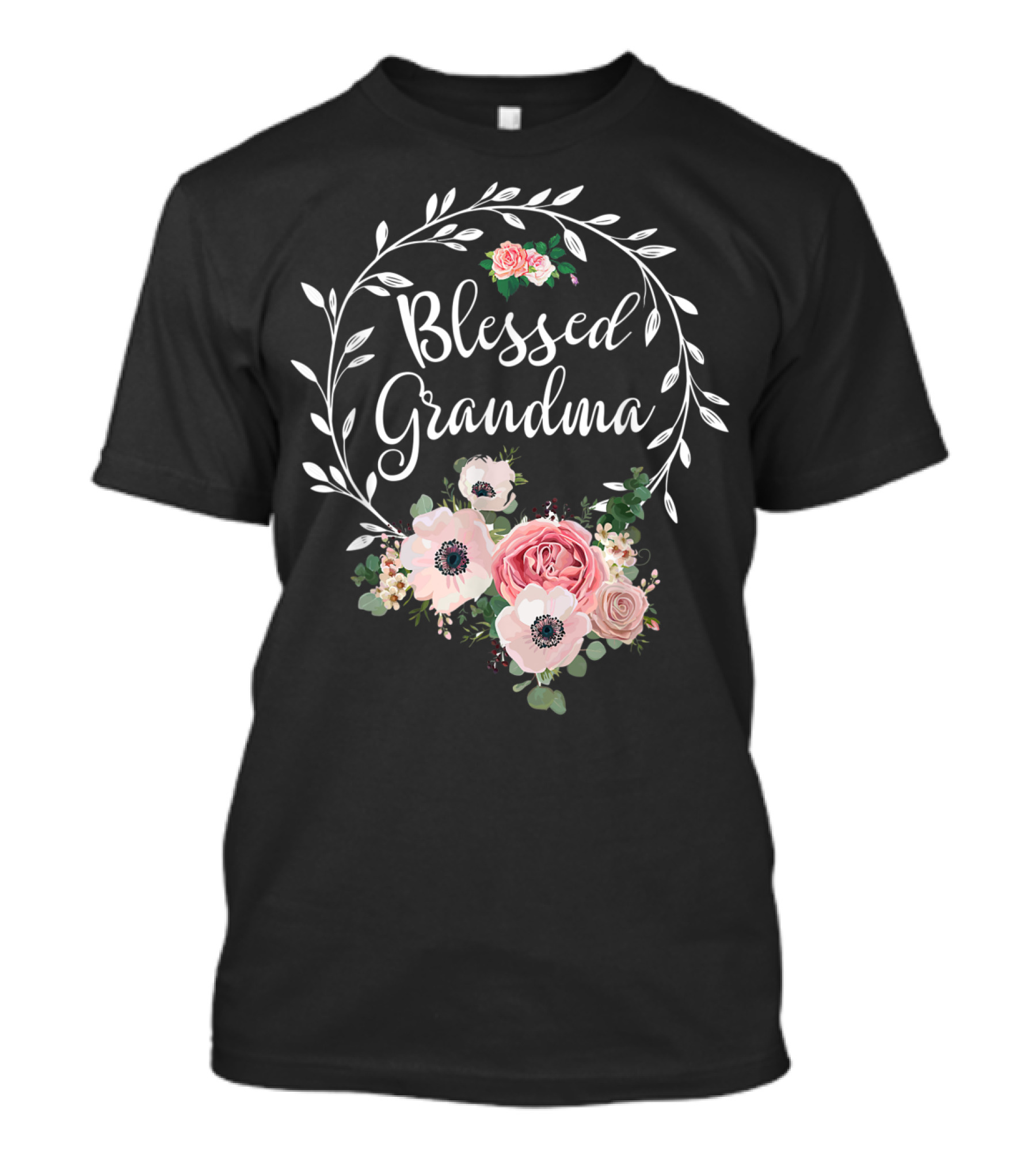 Blessed Grandma Floral Heart With Leaves And Pink Flowers T-Shirt
