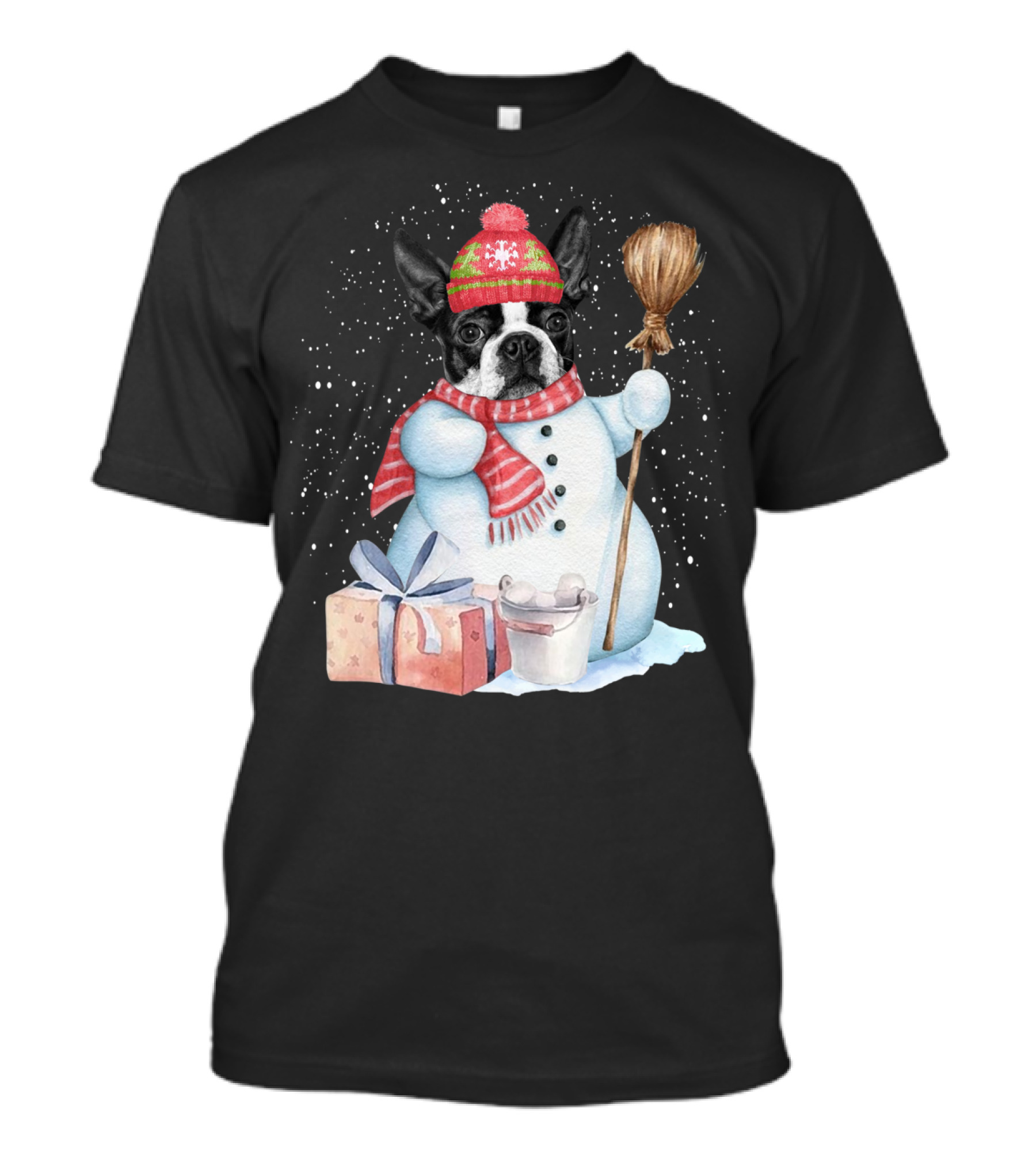 Boston Terrier Snowman In Festive Winter Wonderland T-Shirt