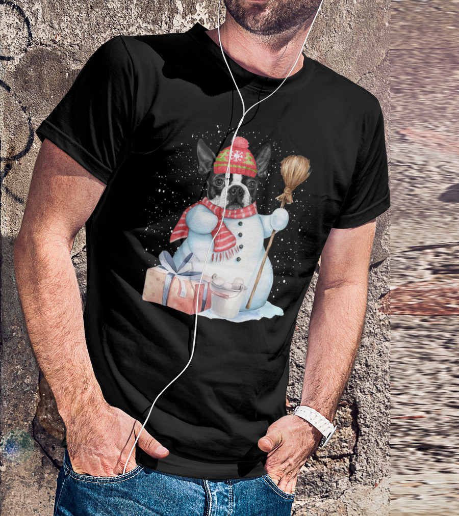 Boston Terrier Snowman In Festive Winter Wonderland T-Shirt