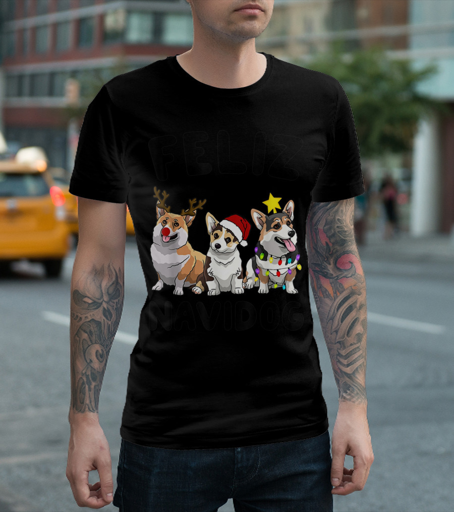 Feliz Navidog Corgi Trio With Reindeer Antlers Santa Hat And Christmas Lights T-Shirt