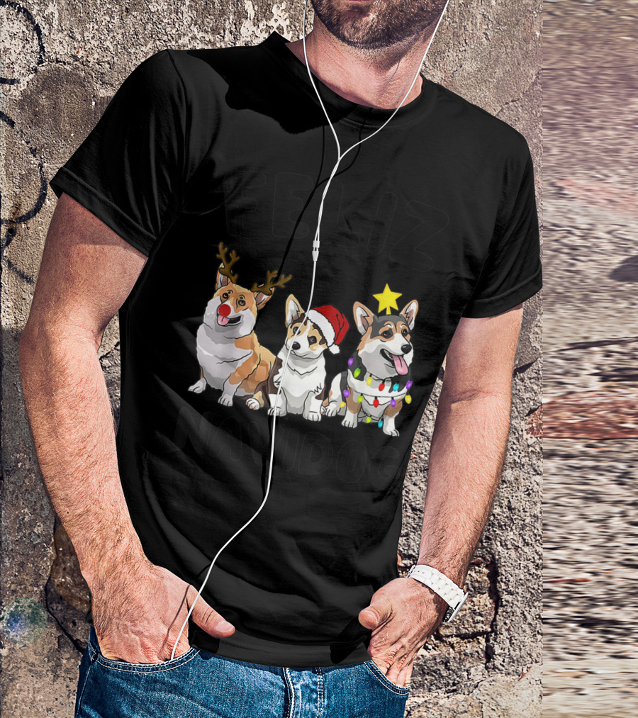 Feliz Navidog Corgi Trio With Reindeer Antlers Santa Hat And Christmas Lights T-Shirt