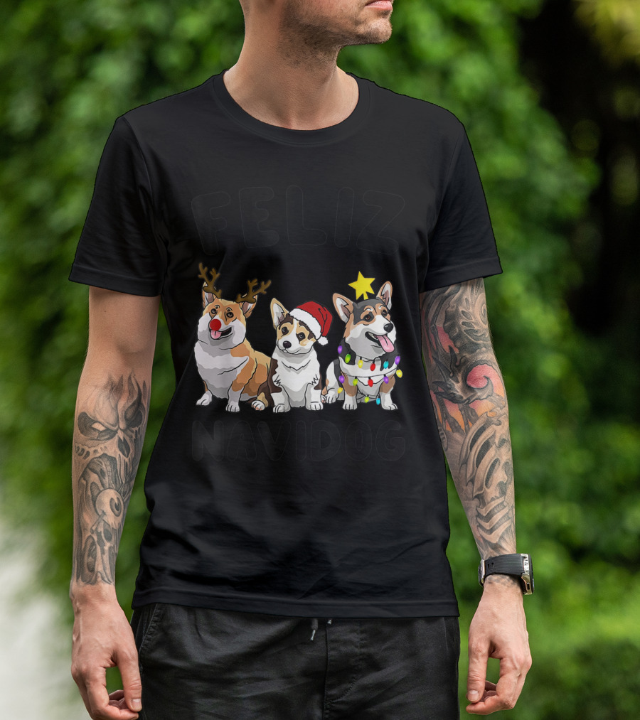 Feliz Navidog Corgi Trio With Reindeer Antlers Santa Hat And Christmas Lights T-Shirt
