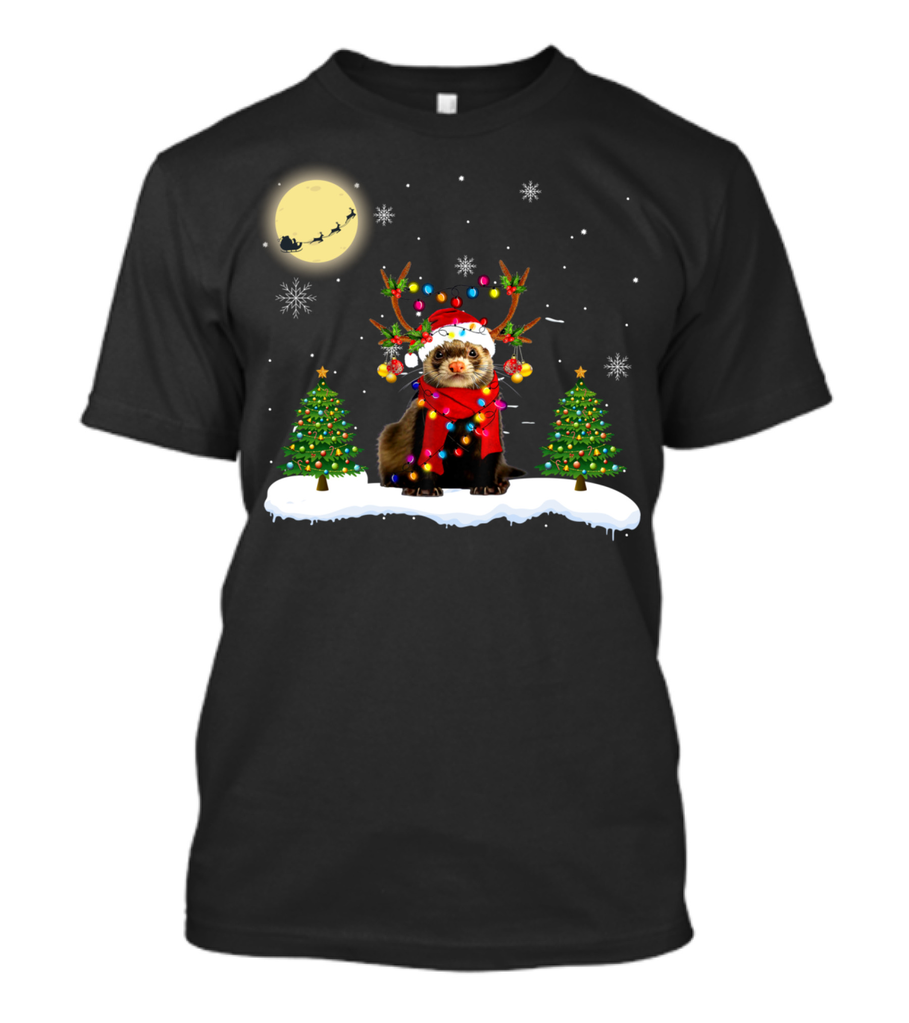Gorgeous Christmas Light Ferret With Reindeer Antlers And Trees T-Shirt