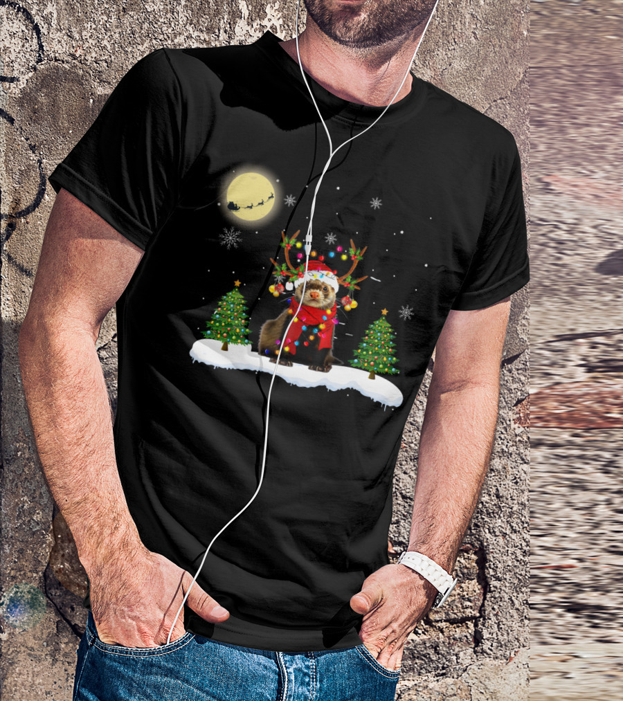 Gorgeous Christmas Light Ferret With Reindeer Antlers And Trees T-Shirt