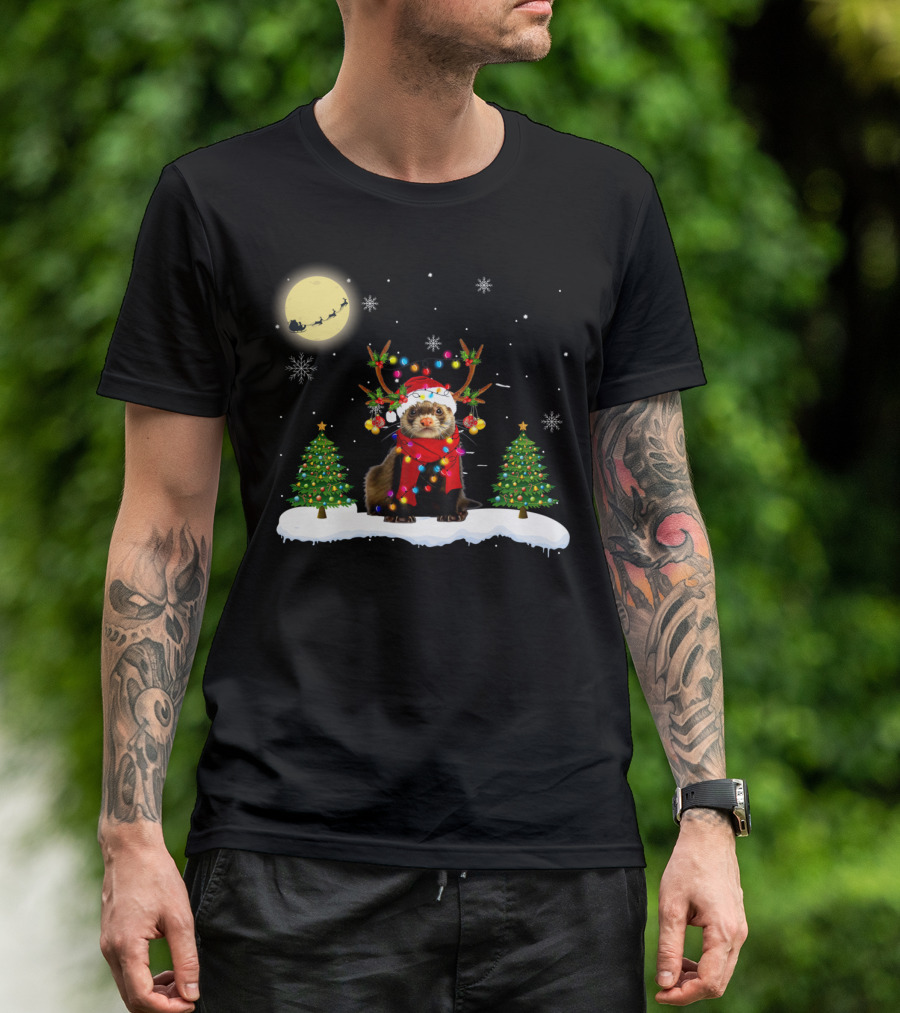 Gorgeous Christmas Light Ferret With Reindeer Antlers And Trees T-Shirt
