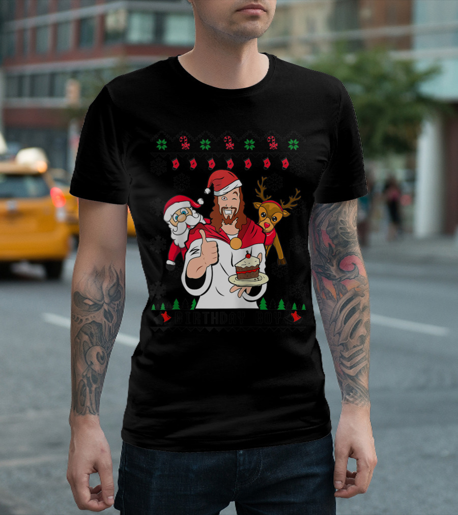 Birthday Boy Jesus Santa Claus Reindeer Christmas Cake T-Shirt