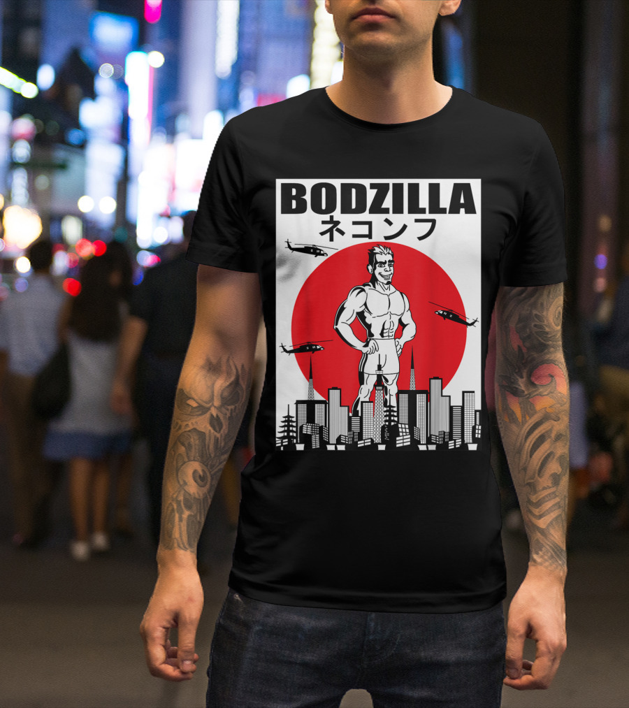 Bodzilla Muscle Building Workout With Helicopters In City Skyline T-Shirt