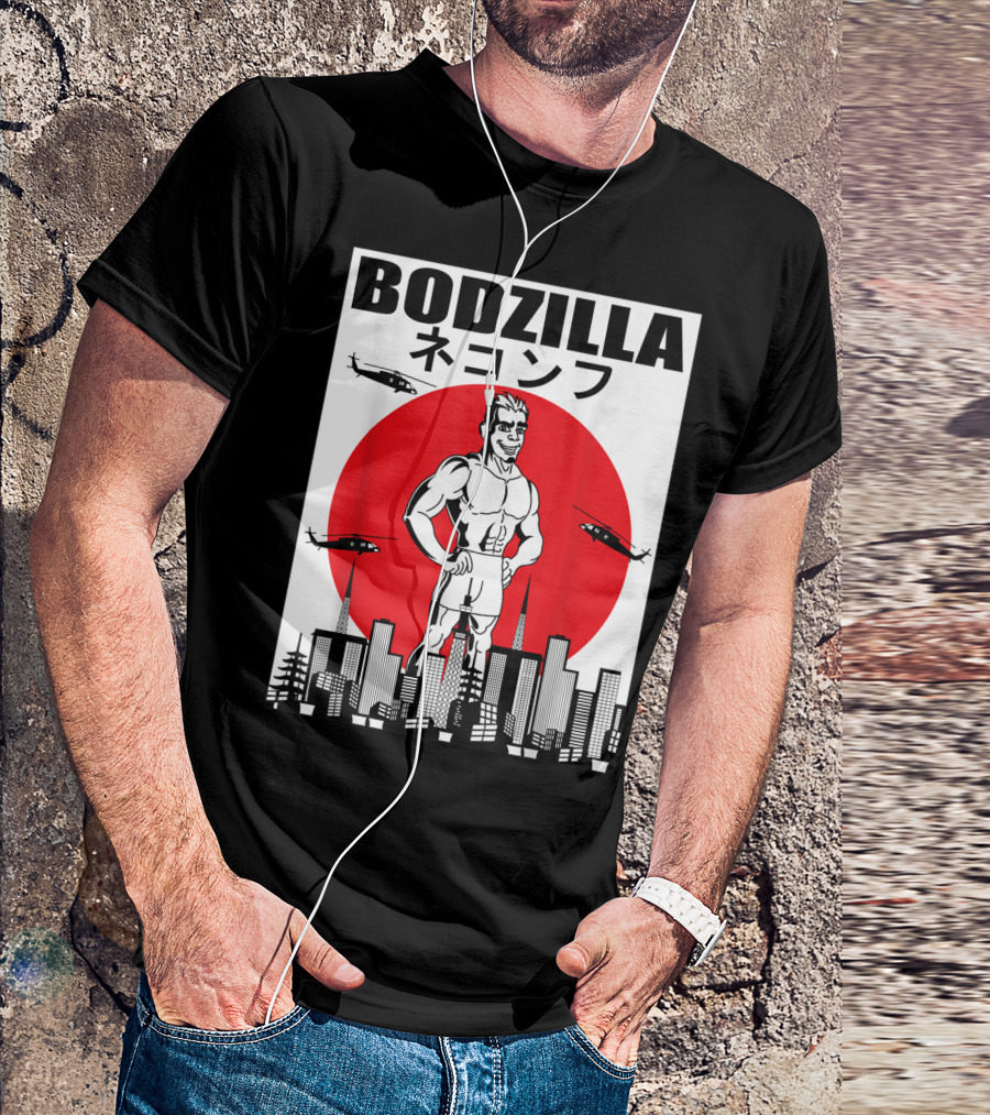 Bodzilla Muscle Building Workout With Helicopters In City Skyline T-Shirt