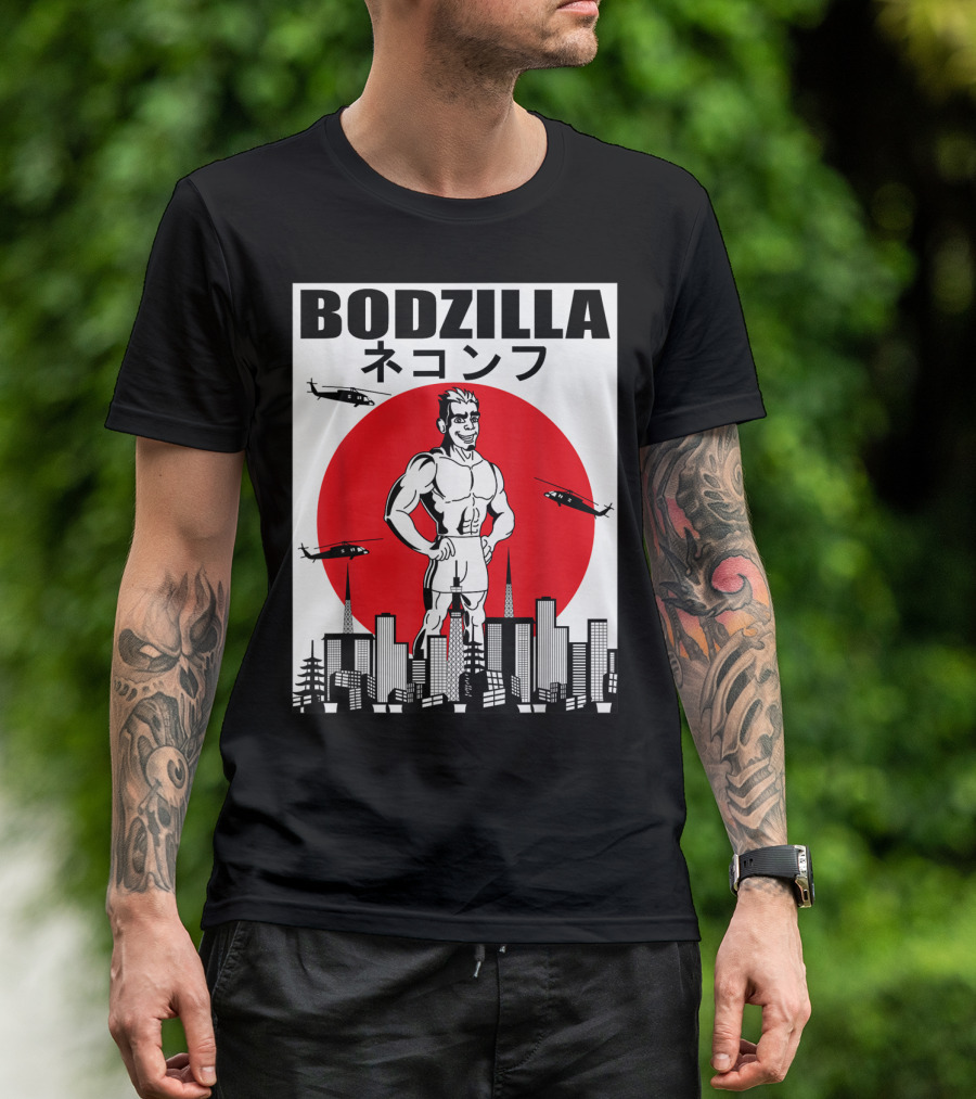Bodzilla Muscle Building Workout With Helicopters In City Skyline T-Shirt