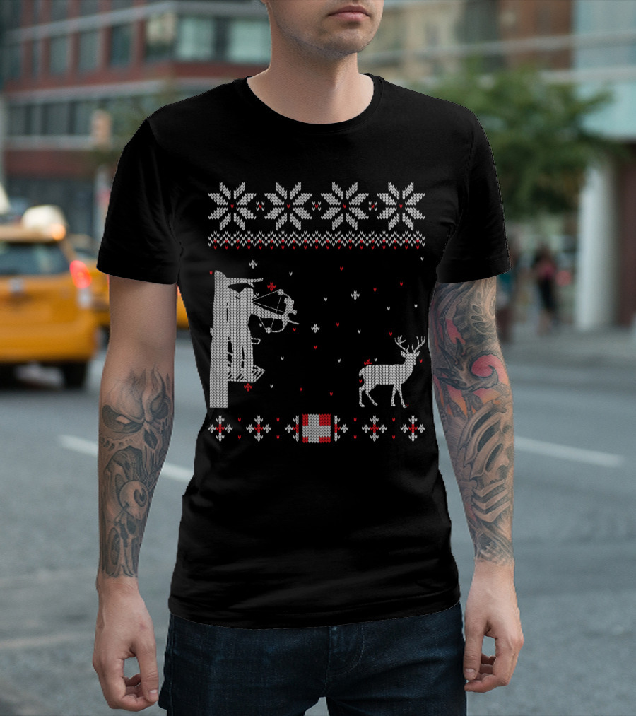 Bow Hunter Ugly Christmas Sweater Deer Crossbow Snowflake T-Shirt