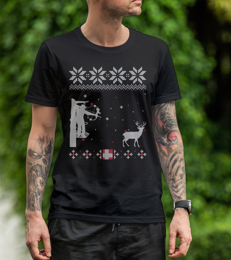 Bow Hunter Ugly Christmas Sweater Deer Crossbow Snowflake T-Shirt