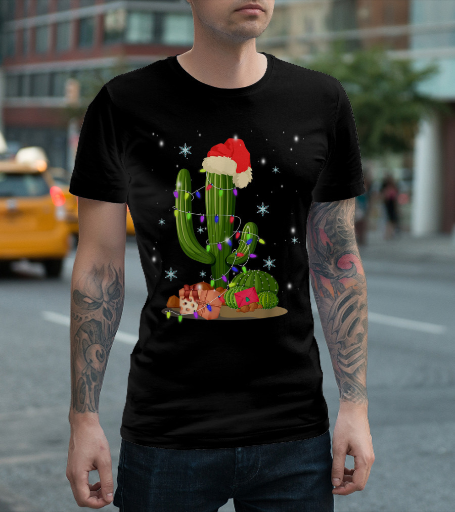 Christmas Lights Cactus Lover Funny Xmas Santa Hat Snowflakes T-Shirt
