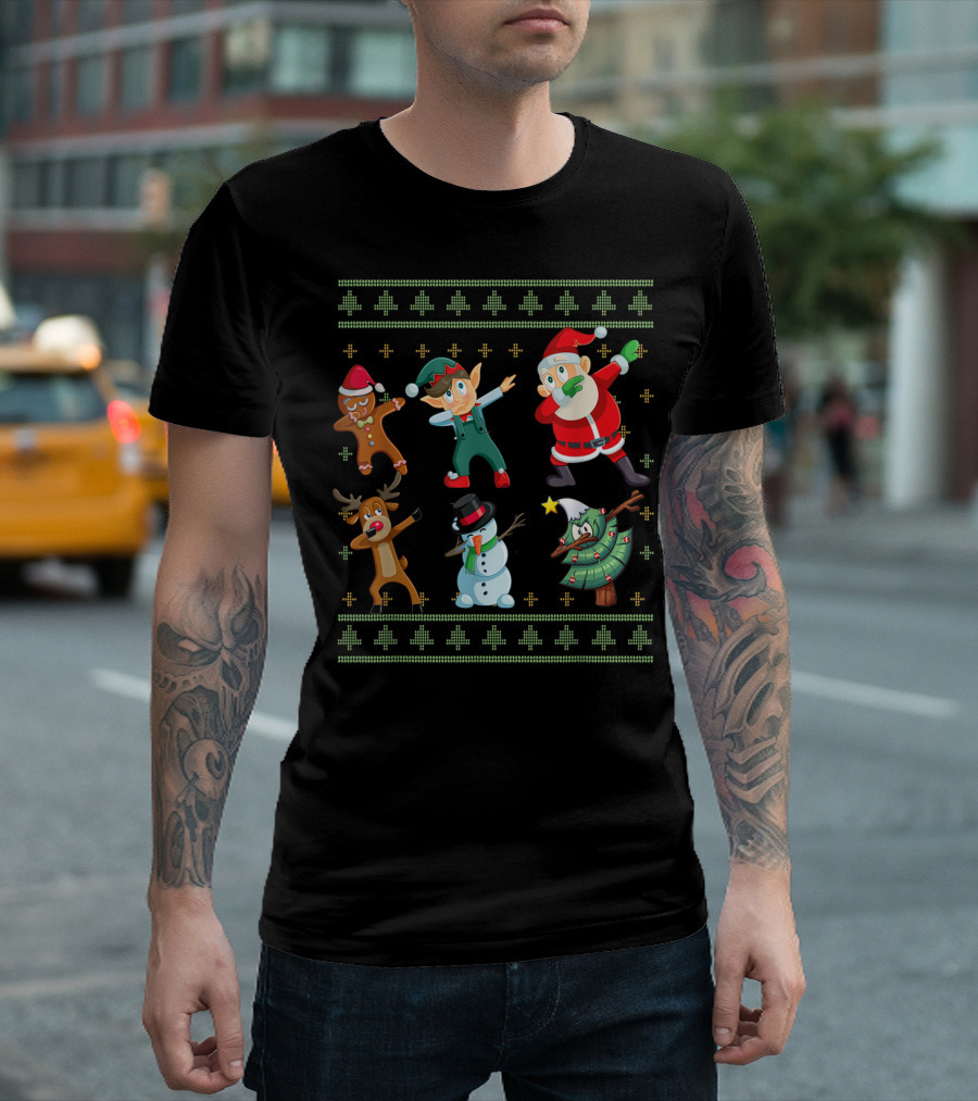 Dabbing Santa Squad With Reindeer Elf Gingerbread Snowman Christmas Tree T-Shirt