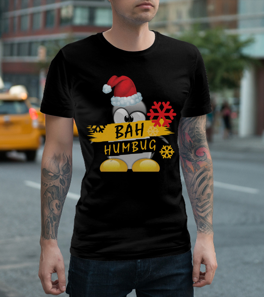 Bah Humbug Penguin in Santa Hat with Colorful Snowflakes T-Shirt
