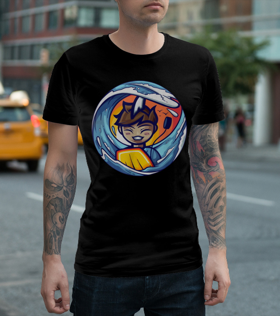 Crainer Surfing Wave Cartoon Character with Headphones and Sunset Background T-Shirt