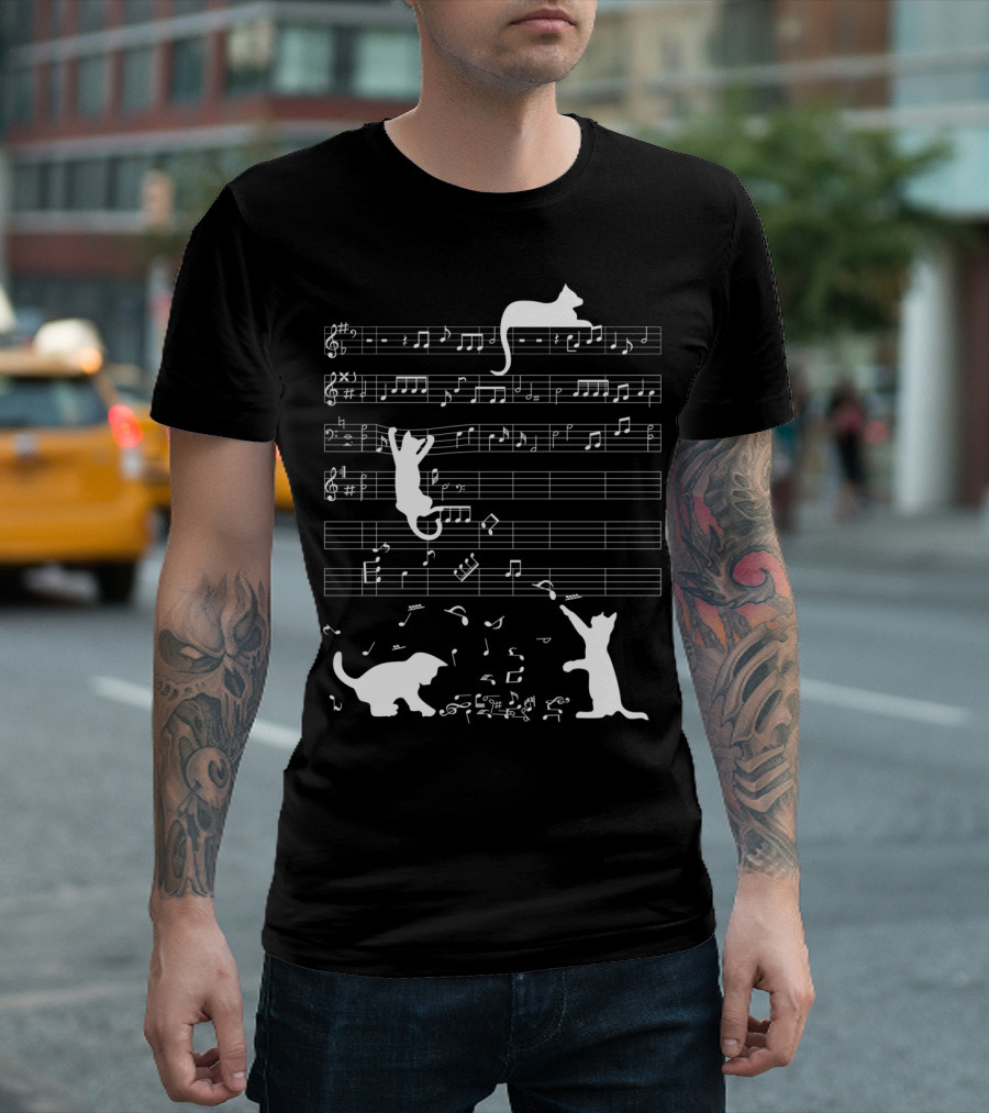 Cute Cat Kitty Playing Music Notes Clef Melody T-Shirt