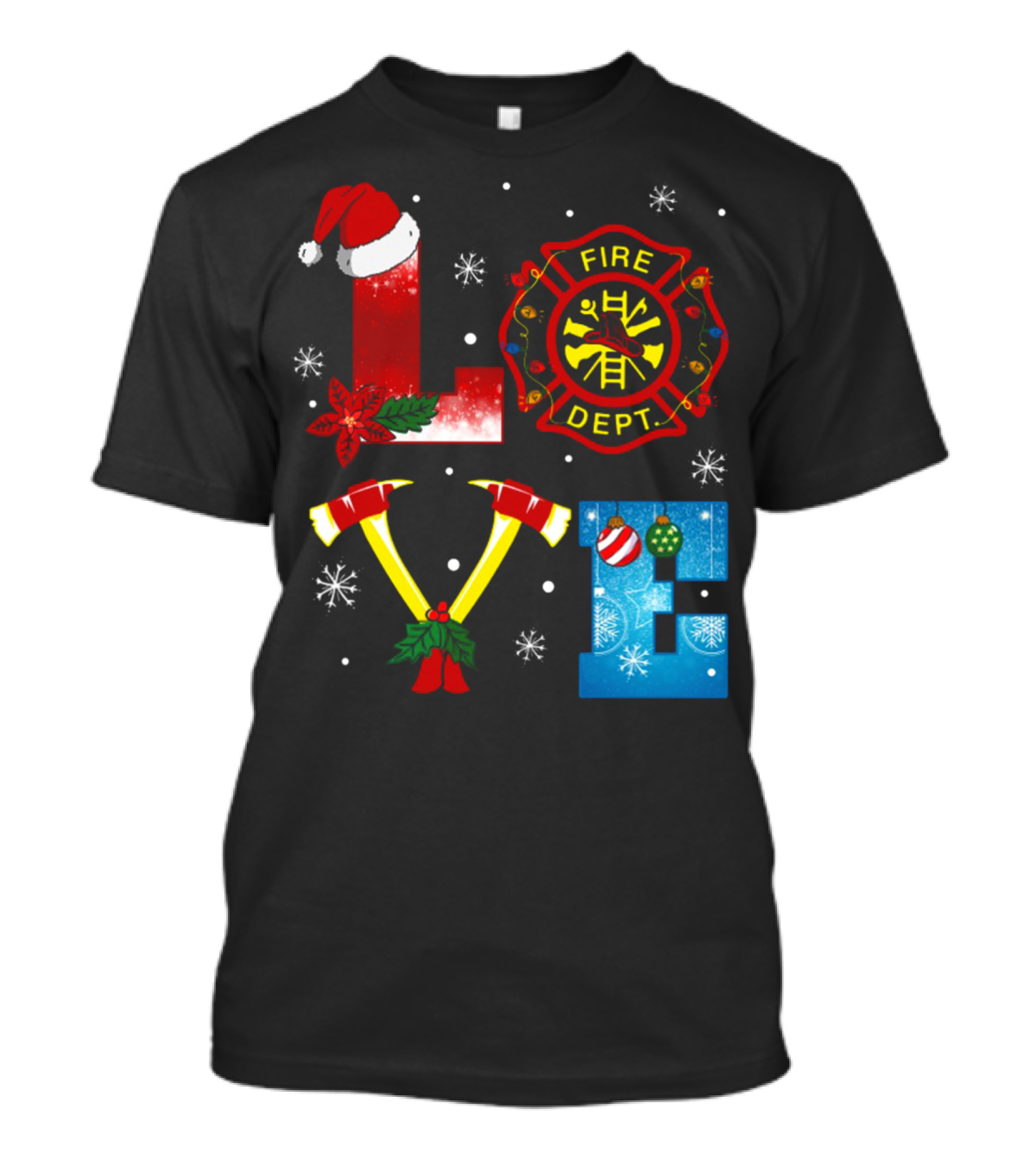 Fire Dept Christmas Love With Santa Hat And Axes T-Shirt