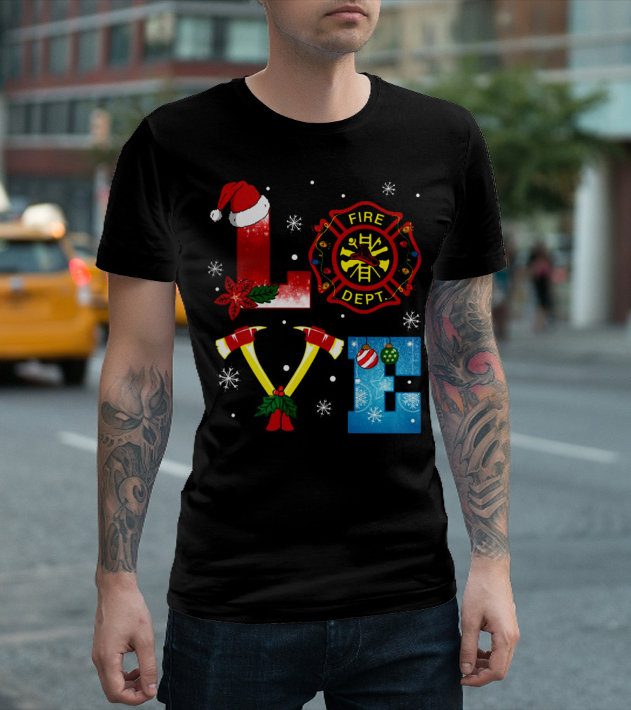 Fire Dept Christmas Love With Santa Hat And Axes T-Shirt