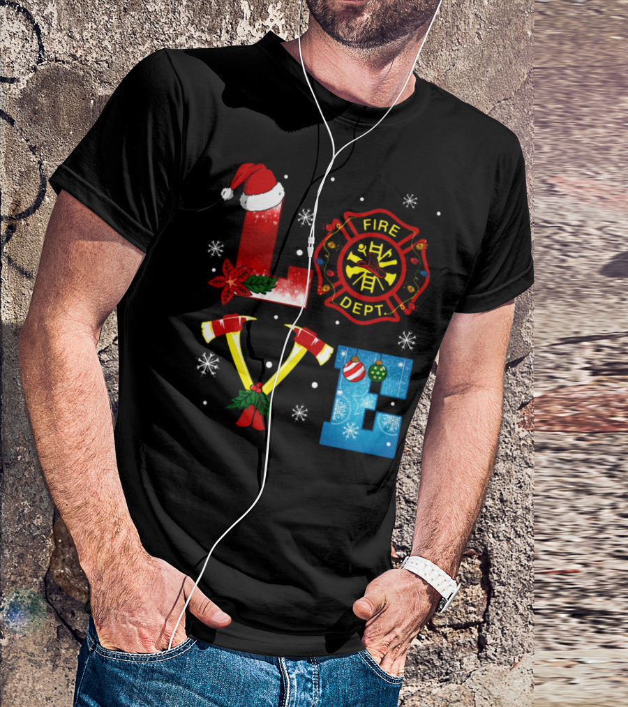 Fire Dept Christmas Love With Santa Hat And Axes T-Shirt