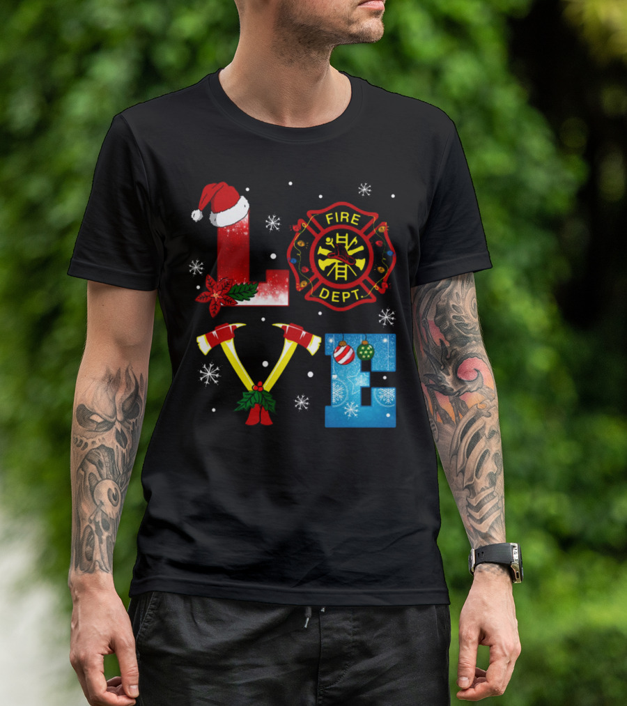 Fire Dept Christmas Love With Santa Hat And Axes T-Shirt