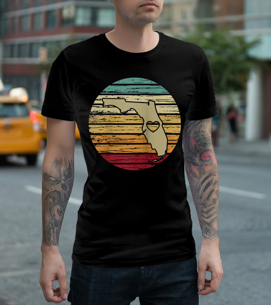 Florida State Heart Map Retro Color Stripes T-Shirt