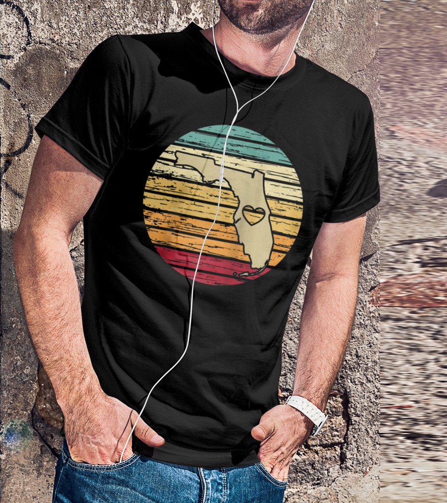Florida State Heart Map Retro Color Stripes T-Shirt