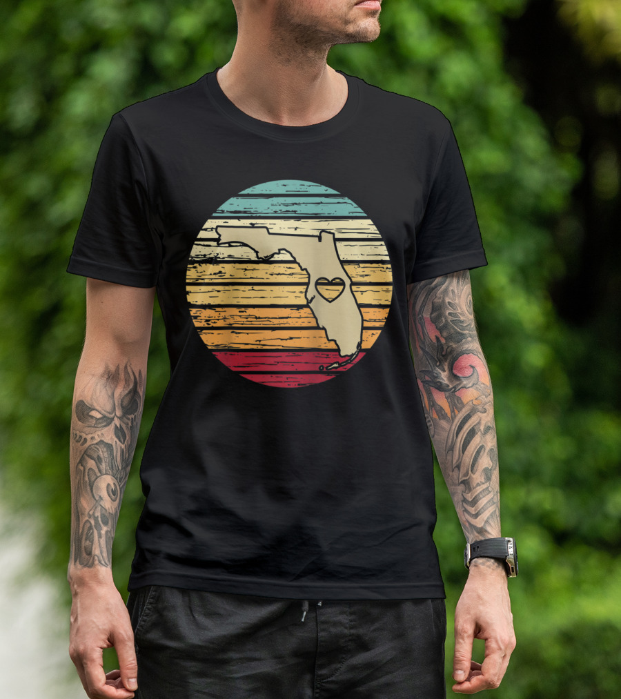 Florida State Heart Map Retro Color Stripes T-Shirt