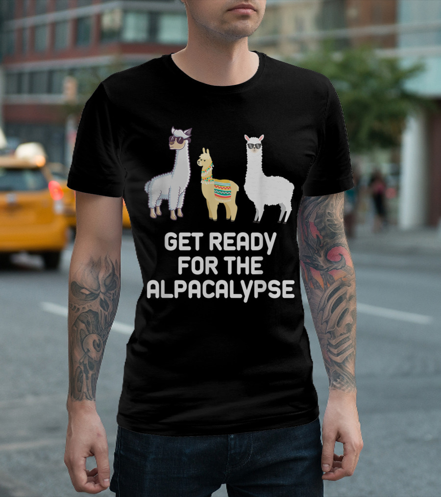 Get Ready for the Alpacalypse Funny Alpaca Pun with Sunglasses and Patterned Scarves T-Shirt