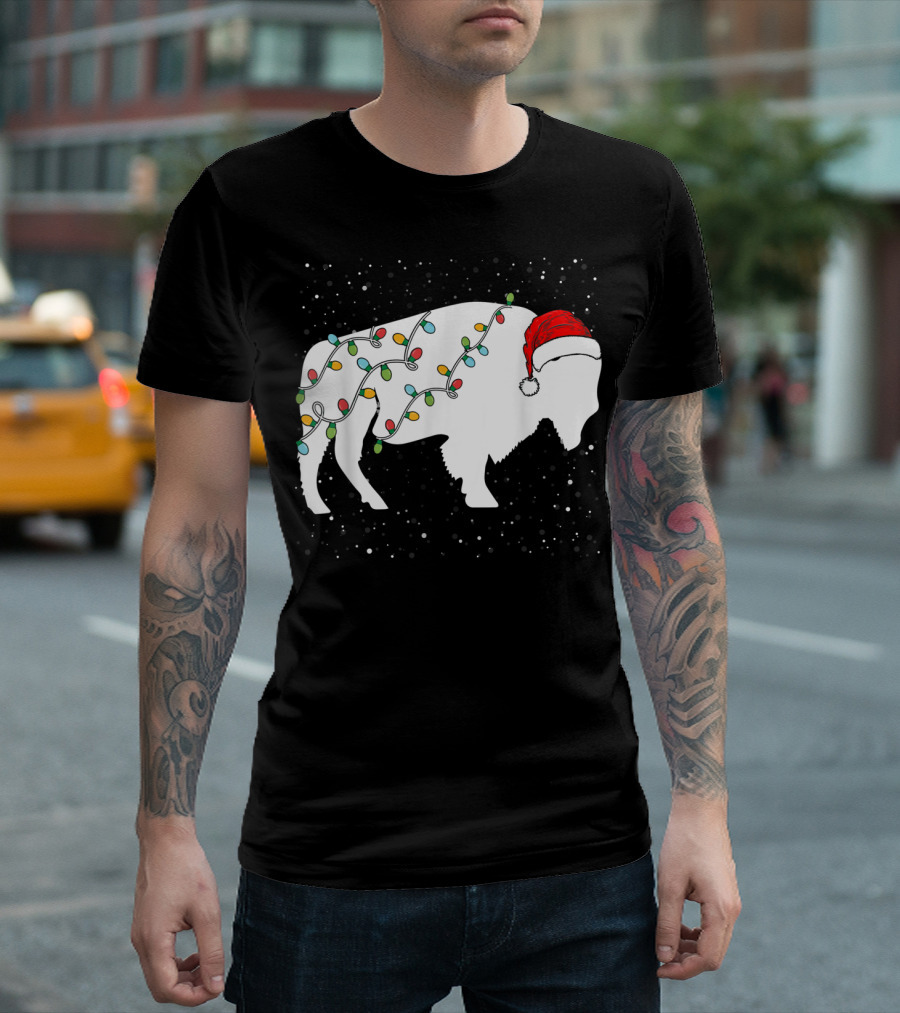 Funny Bison Christmas Santa Hat White Lights Farm Holiday T-Shirt