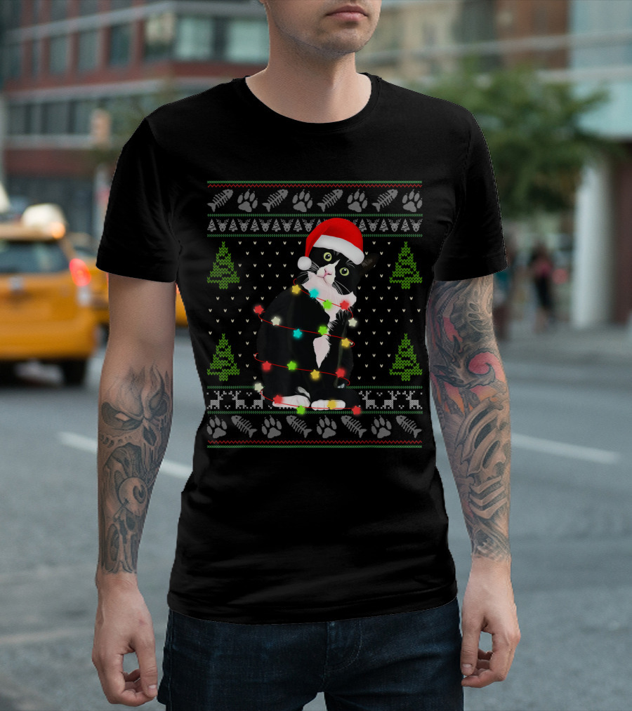 Funny Black Cat Kitten Wrapped in Christmas Lights with Santa Hat and Holiday Trees T-Shirt
