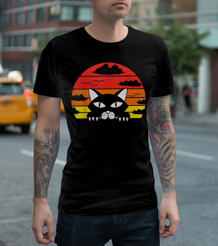 Funny Cat Kitty Cat Lovers Moms Dads Sunset Peeking Cat T-Shirt