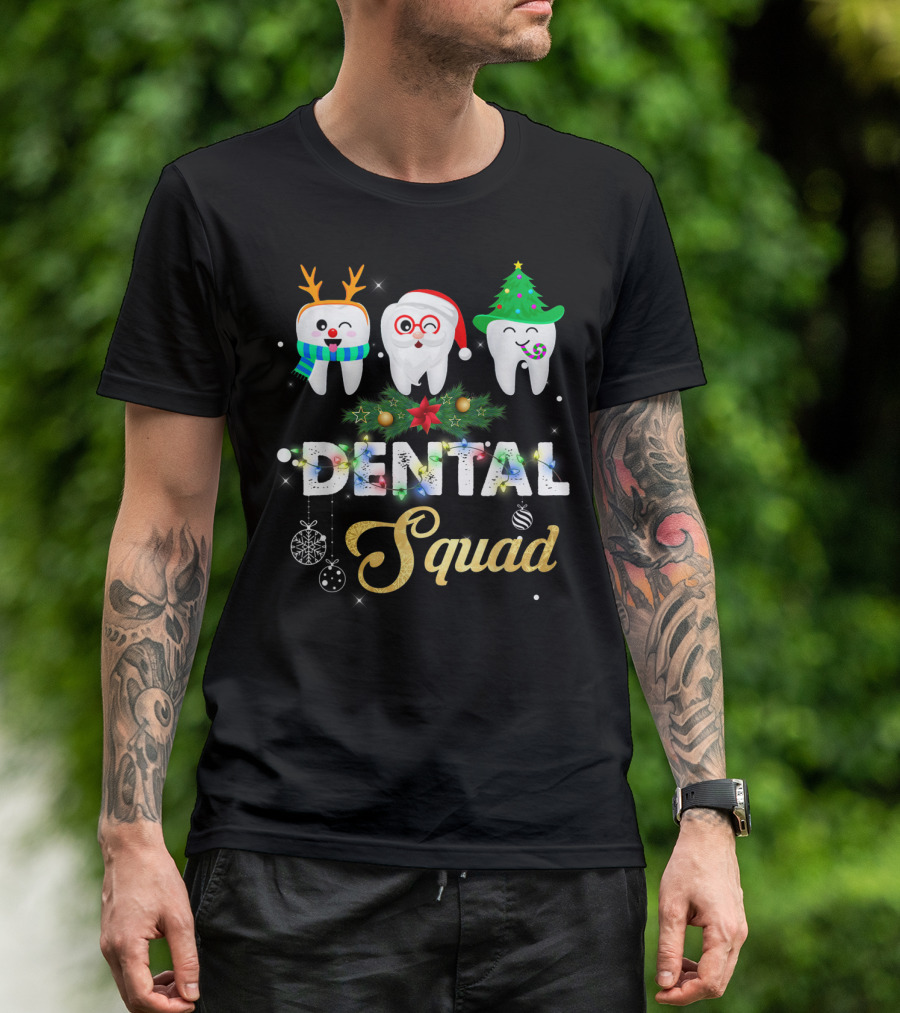 Dental Squad Funny Dentist Hygienist Christmas Teeth With Holiday Decorations T-Shirt