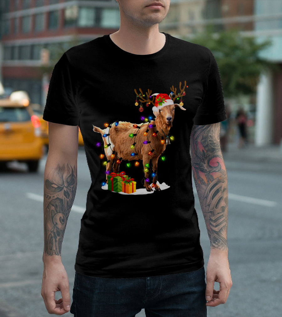 Funny Goat Reindeer Christmas Lights Holiday Decor T-Shirt