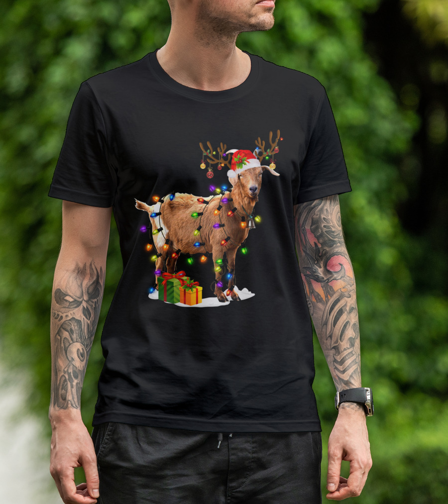 Funny Goat Reindeer Christmas Lights Holiday Decor T-Shirt
