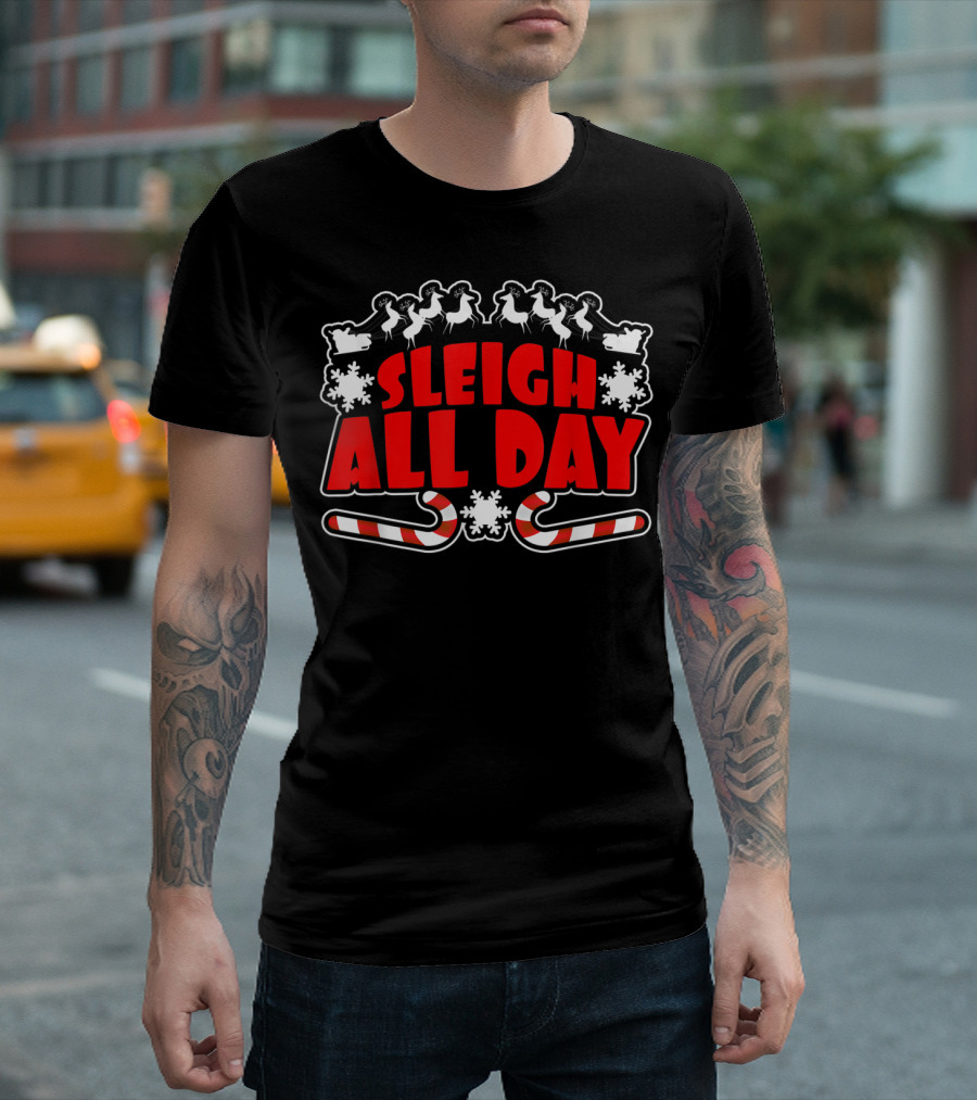 Sleigh All Day Santa's Sleigh Reindeer Candy Canes Snowflakes T-Shirt