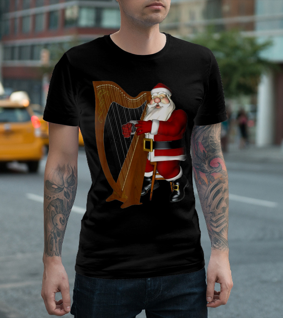 Santa Playing Harp Merry Christmas T-Shirt