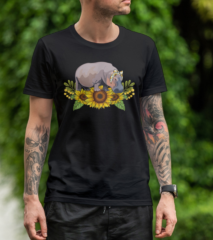 Hippo With Sunflower Crown Bow - Hippo Lover's Delight T-Shirt