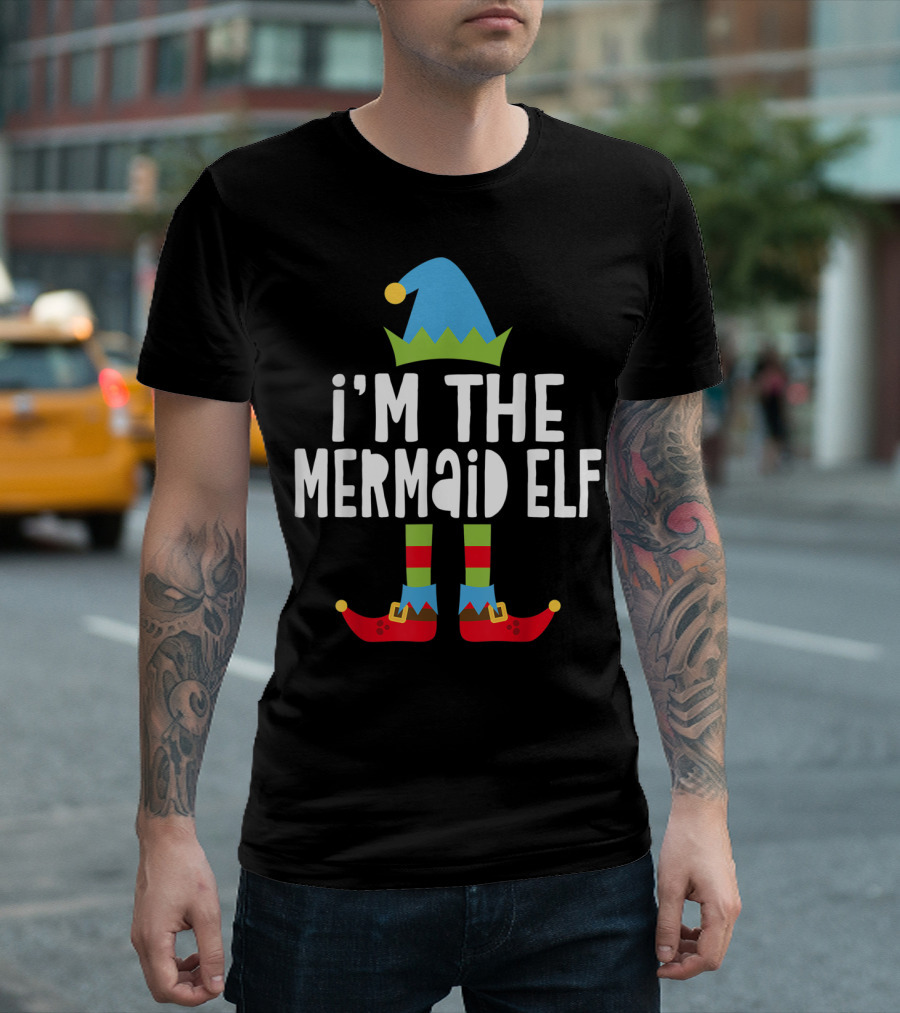 I'm The Mermaid Elf Blue Hat Red Shoes Playful Holiday T-Shirt