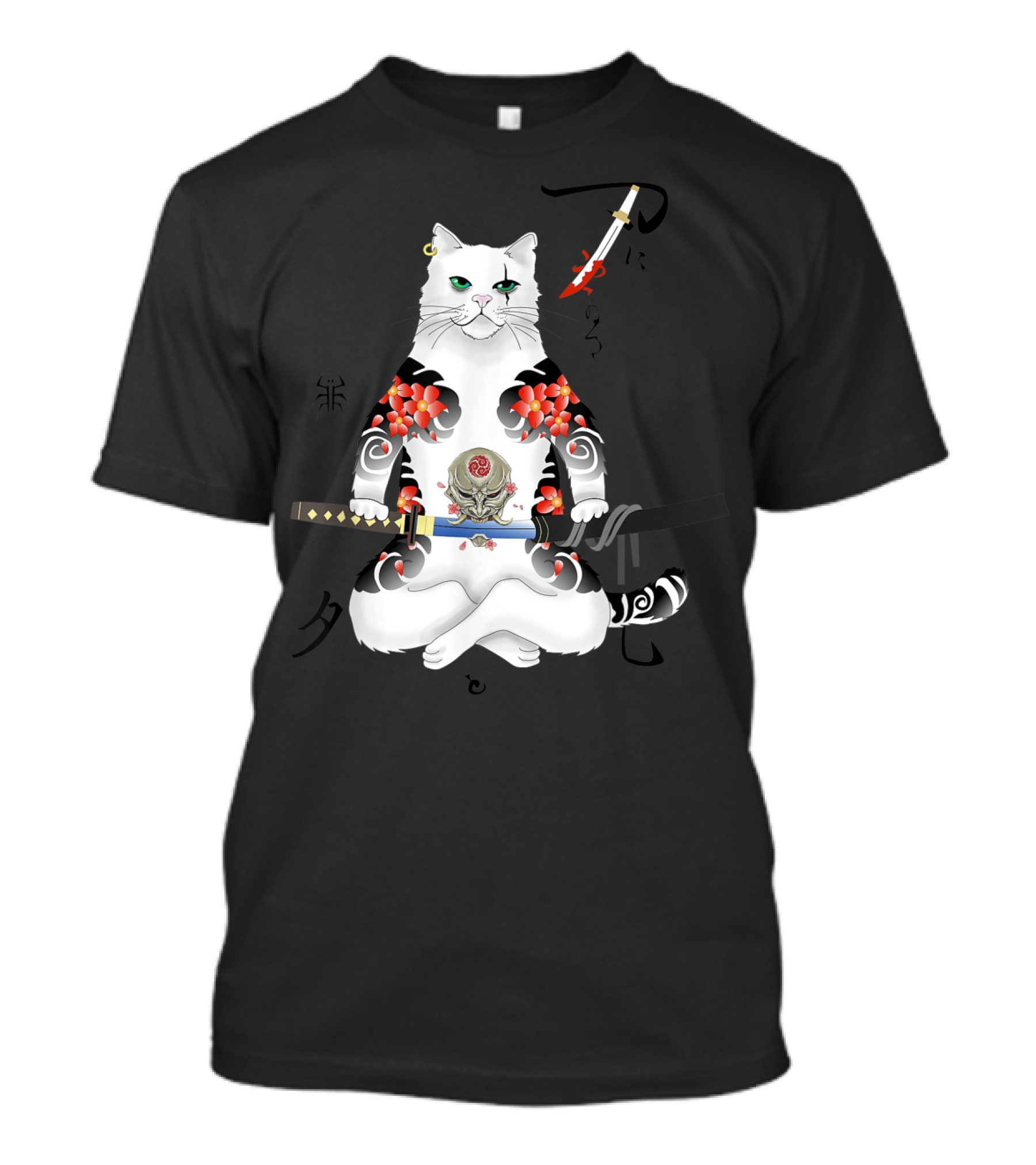 Japanese Samurai Cat Katana Ninja Yakuza Warrior Tattoo Art With Floral Katana And Kanji Symbols T-Shirt