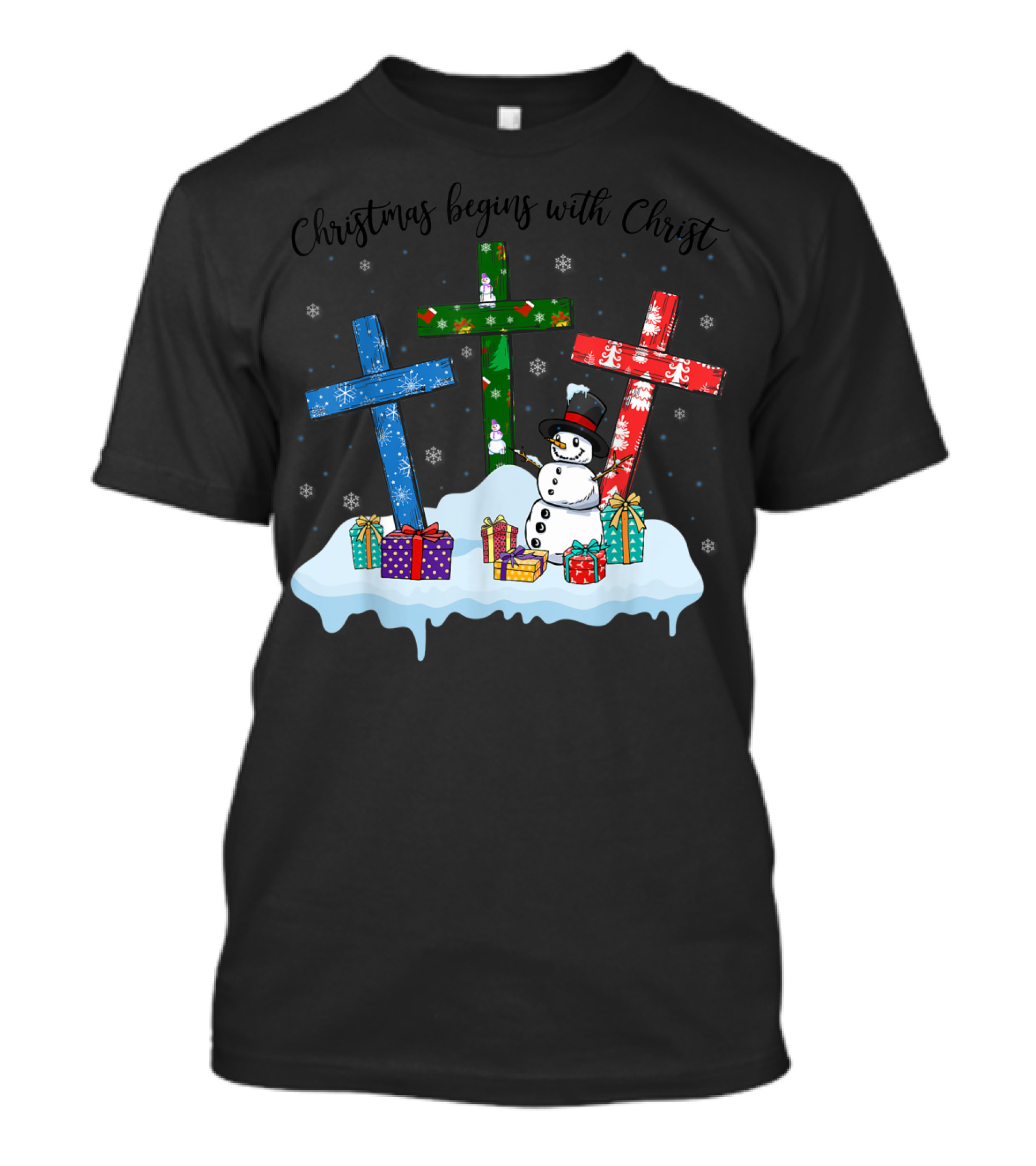 Christmas Begins With Christ Snowman Crosses And Gifts T-Shirt